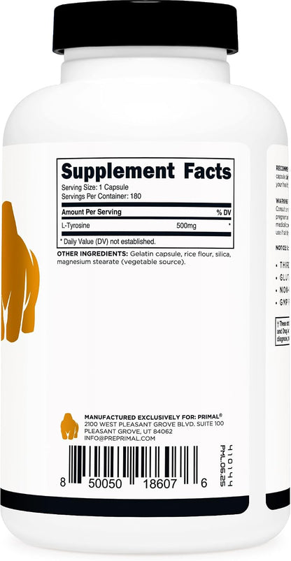 Primal L-Tyrosine Capsules (180 Capsules, 500 mg per Serving) – Tyrosine Amino Acid Supplement