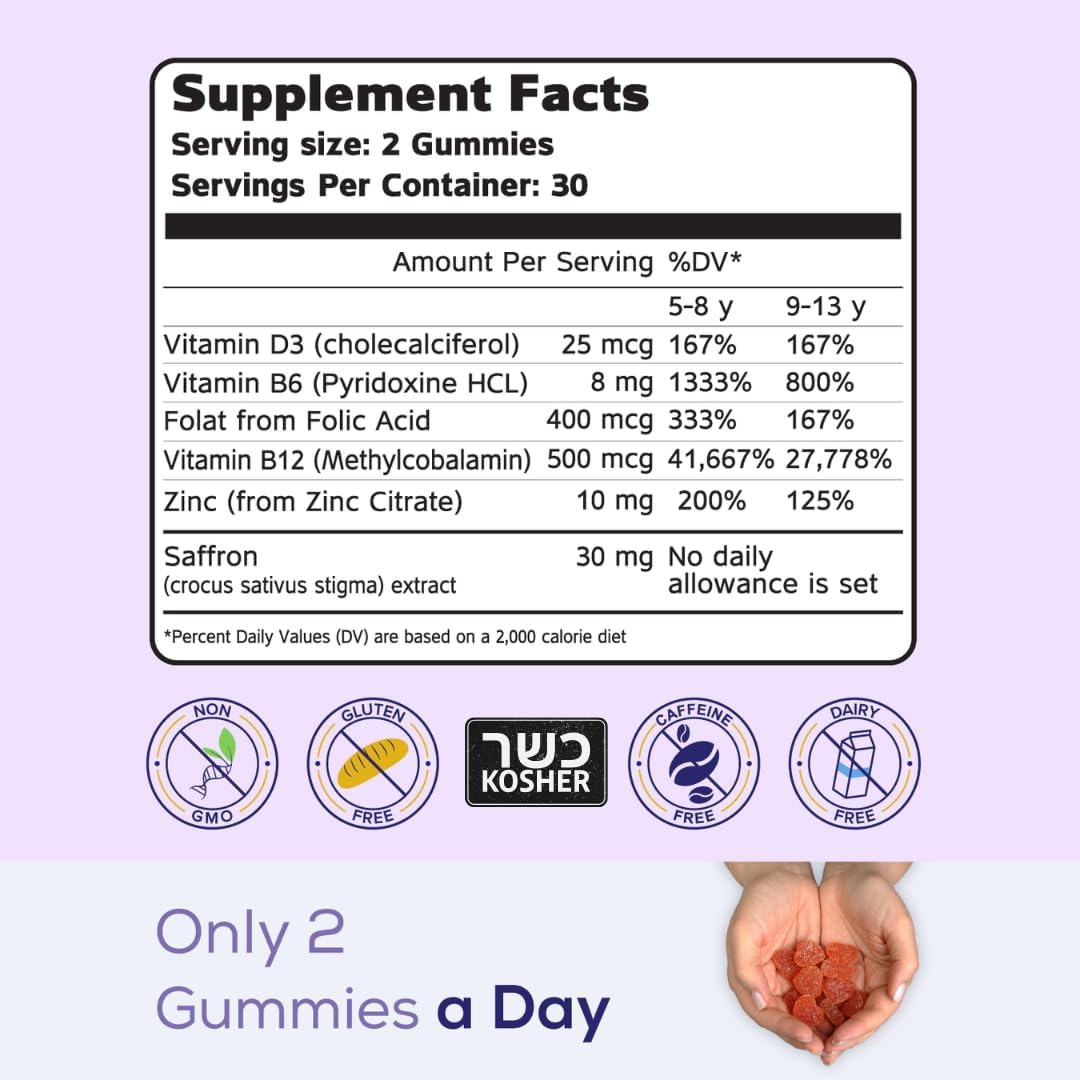 NutriMagic Kids Brain Booster+ Saffron Extract Gummies with Multivitamin D3, B6, B12, Zinc – With Saffron for Daily Nutrient Support – Non-GMO, 30 Servings - görsel 2