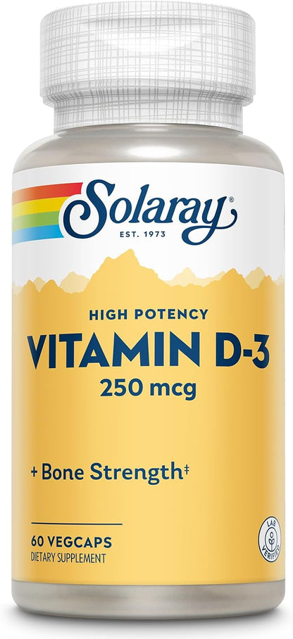 SOLARAY Vitamin D3 10000 IU (250 mcg) – High-Strength Supplement for Bones & Immune Health, 60 Vegetarian Capsules