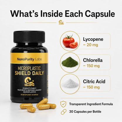 Microplastic Shield Daily - Daily Wellness Support with Chlorella, Lycopene & Citric Acid - Vegan, Non-GMO - 30 Capsules