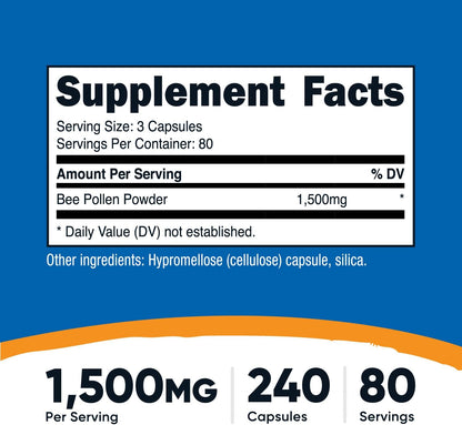 Nutricost Bee Pollen - 1500 mg per Serving, 240 Capsules
