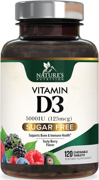 Nature's Nutrition Vitamin D3 5000 IU (125 µg) Chewable Tablets – Extra Strength for Immune Support & Bone Health – Sugar Free, Gluten-free – 60 Count