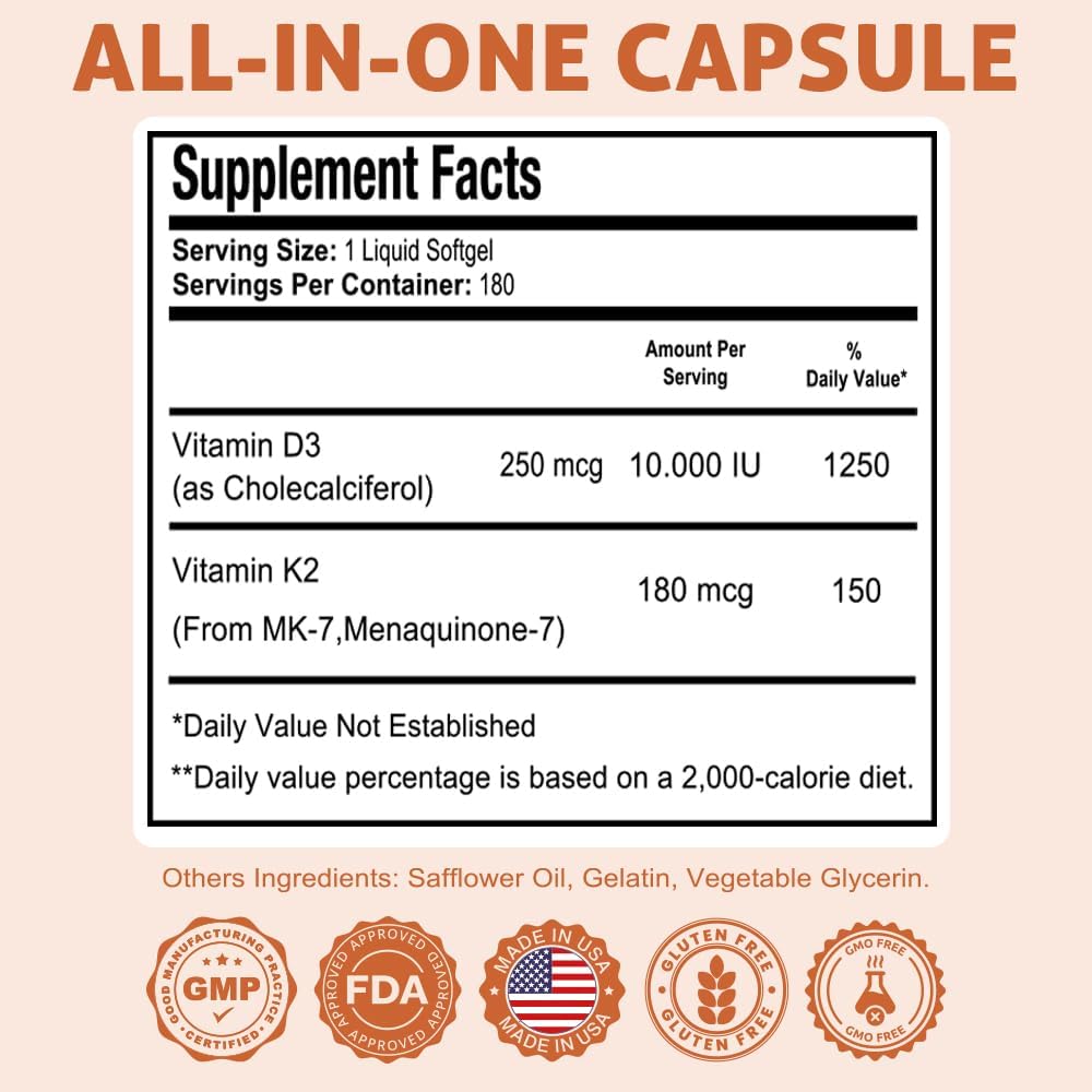 Health Dose Vitamin D3 10,000 IU + K2 (MK7) Food Supplement, 180 Softgels - görsel 3
