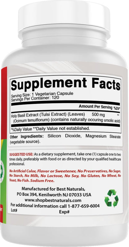Best Naturals Holy Basil Extract 500 mg 120 Capsules (Pack of 2)