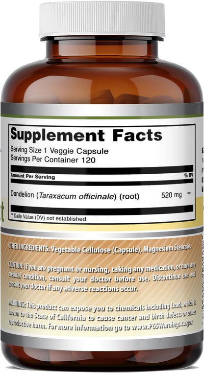 Amazing Formulae Dandelion Root Food Supplement – 520 mg per Capsule – 120 Vegan Capsules