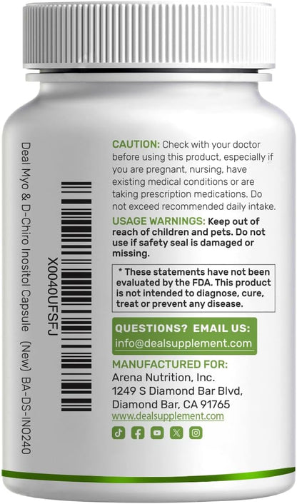 Myo-Inositol & D-Chiro Inositol Supplement for Women (40:1) | 2,050mg Per Serving | 240 Vegetarian Capsules | with Folate, – Image 7
