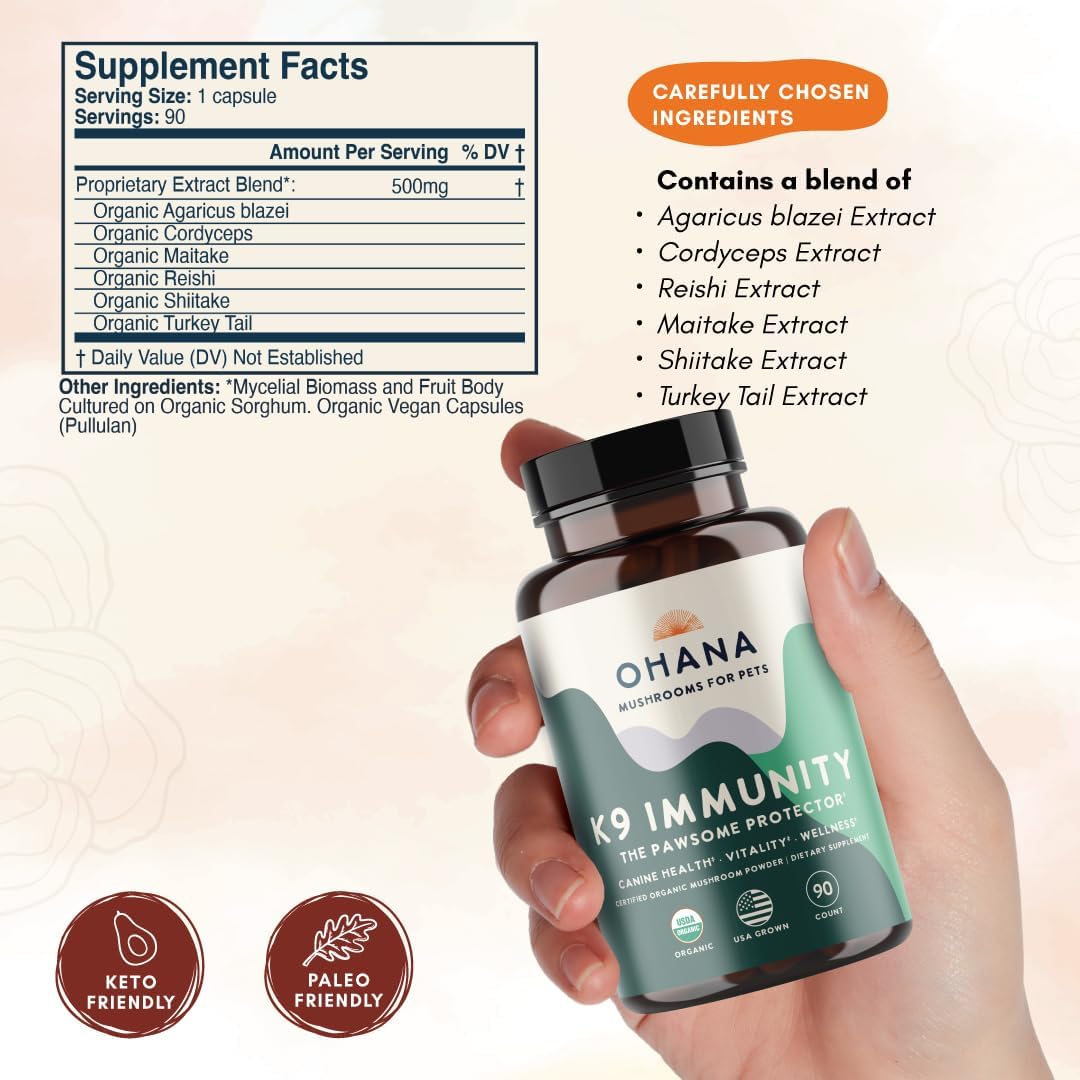Ohana K9 Immunity, Dog Supplements, Contains 6 USDA Organic Mushroom Extracts for Dog Care, Non-GMO, Gluten-free, 90-Capsule Bottle, Pack of 1 - görsel 5