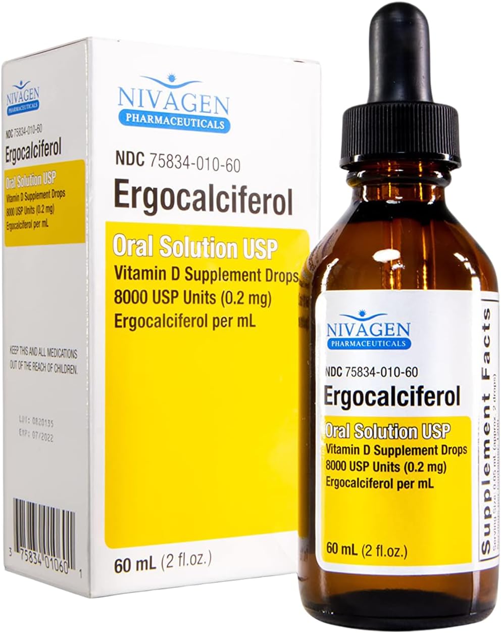 Nivagen Vitamin D2 Liquid Drops – 8,000 USP (Ergocalciferol) – 400 IU per Serving – 2 fl oz (60 ml) – 1,200 Servings - görsel 1