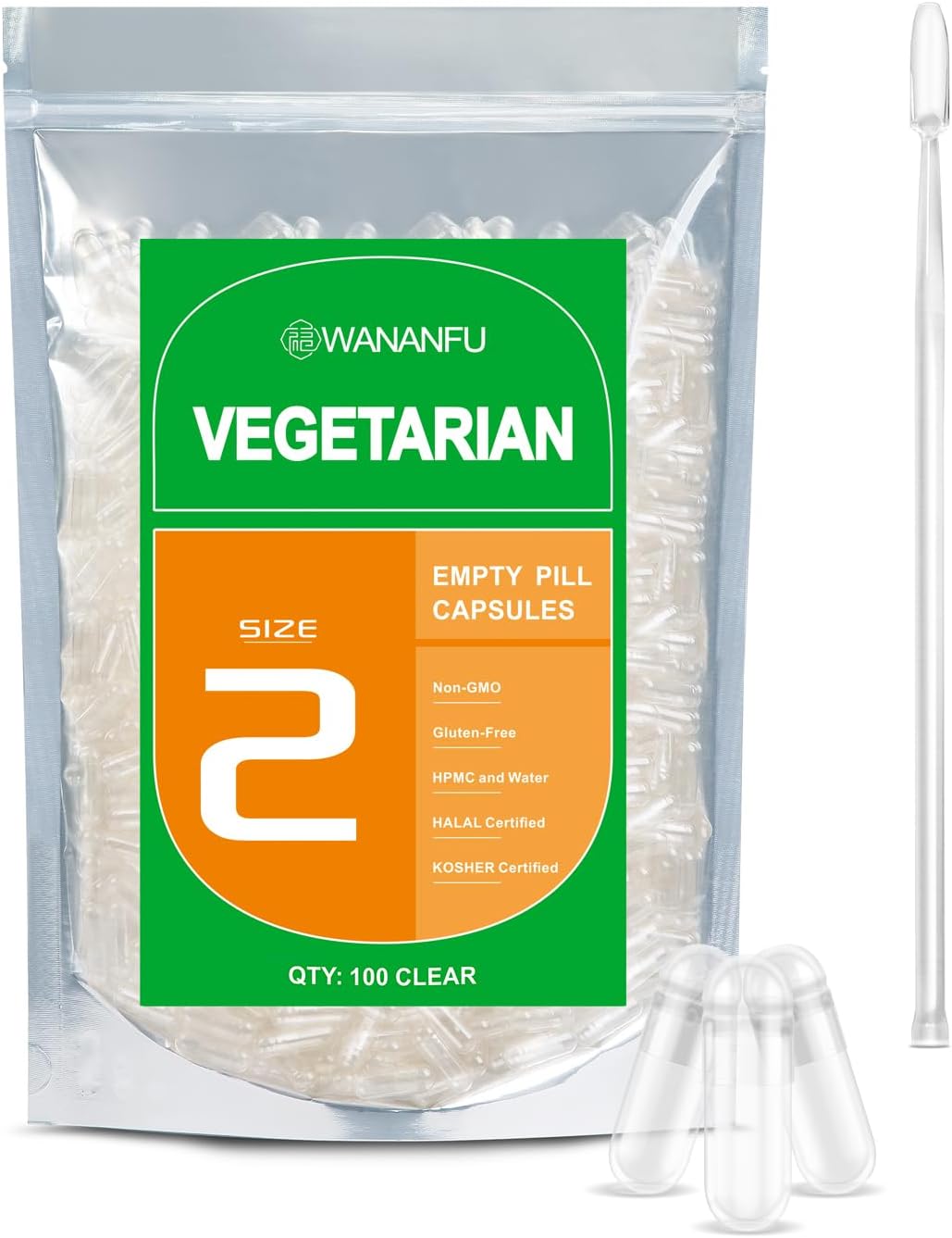 wananfu Size 2 Empty Capsules Vegetarian (1000 Count) Bundle with 2 Micro Lab Spoons, Clear Fillable Veggie Capsules Size 2 for Making Your Own Supplements - görsel 8