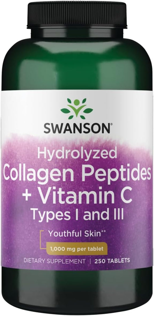 Swanson Hydrolysed Collagen Peptides + Vitamin C, Types I & III, 1000 mg, 250 Tablets