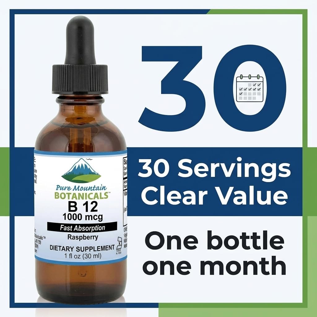 Pure Mountain Botanicals B12 1000 mcg - B12 Complex - Natural Berry Flavour - 30 Servings - Liquid Drops Vitamin - Kosher Supplement - görsel 6