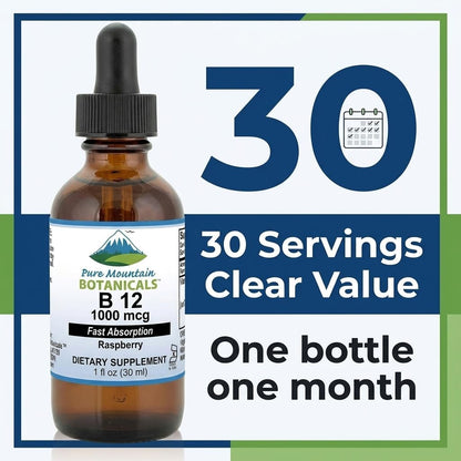 Pure Mountain Botanicals B12 1000 mcg - B12 Complex - Natural Berry Flavour - 30 Servings - Liquid Drops Vitamin - Kosher Supplement