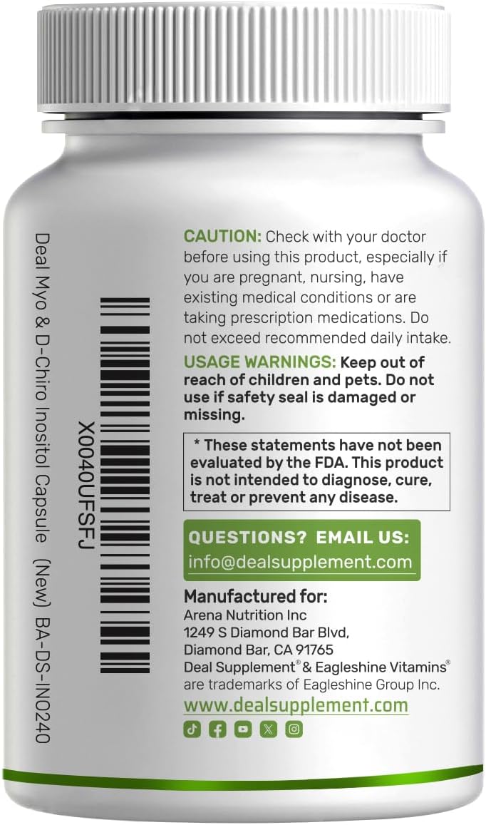 Myo-Inositol & D-Chiro Inositol Supplement for Women (40:1) | 2,050mg Per Serving | 240 Vegetarian Capsules | with Folate, – Image 6