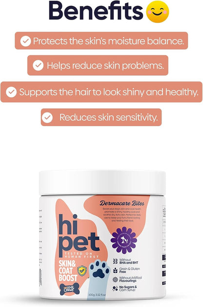HiPet Skin and Coat Boosting Bites for Dogs - Soft Dog Chews, Dog Vitamins and Supplements, Improves Coat and Skin Appearance, 104 ml (Pack of 6)