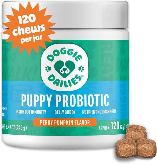 Doggie Dailies Puppy Probiotic with Digestive Enzymes – Pumpkin Flavour, 120 Soft Chews
