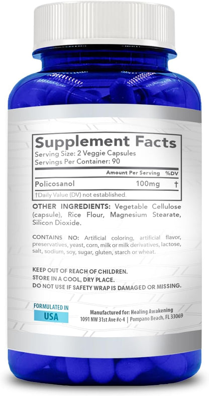 High Strength Policosanol Supplement – 100 mg, 90 Servings – Vegan, Non-GMO, Gluten-free