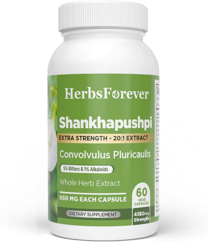 Herbsforever Shankhpushpi (Convolvulus pluricaulis) Extra Strength Extract - Traditional Brain Tonic & Mental Focus - 60 Vegan Capsules
