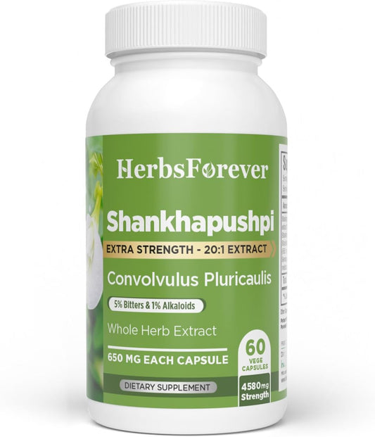 Herbsforever Shankhpushpi (Convolvulus pluricaulis) Extra Strength Extract - Traditional Brain Tonic & Mental Focus - 60 Vegan Capsules