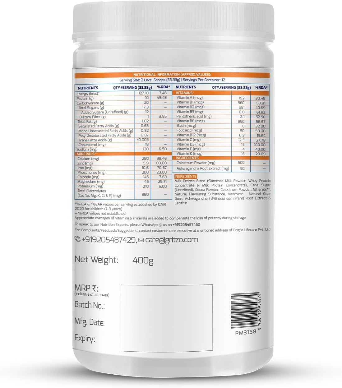 ATS Supermilk Height+ for 8-12 Year Old Boys – High Protein with Calcium & D3, 21 Vitamins & Minerals, Zero Refined Sugar, Natural Double Chocolate, 400g Powder - görsel 8