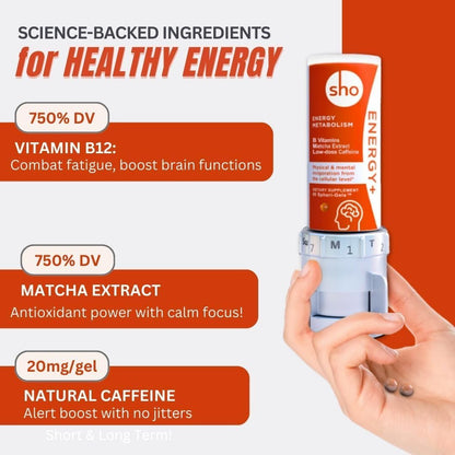 SHO Vegan Energy+ Focus Supplement Kit – Methylated B Complex, Matcha and Caffeine – 60 Softgels