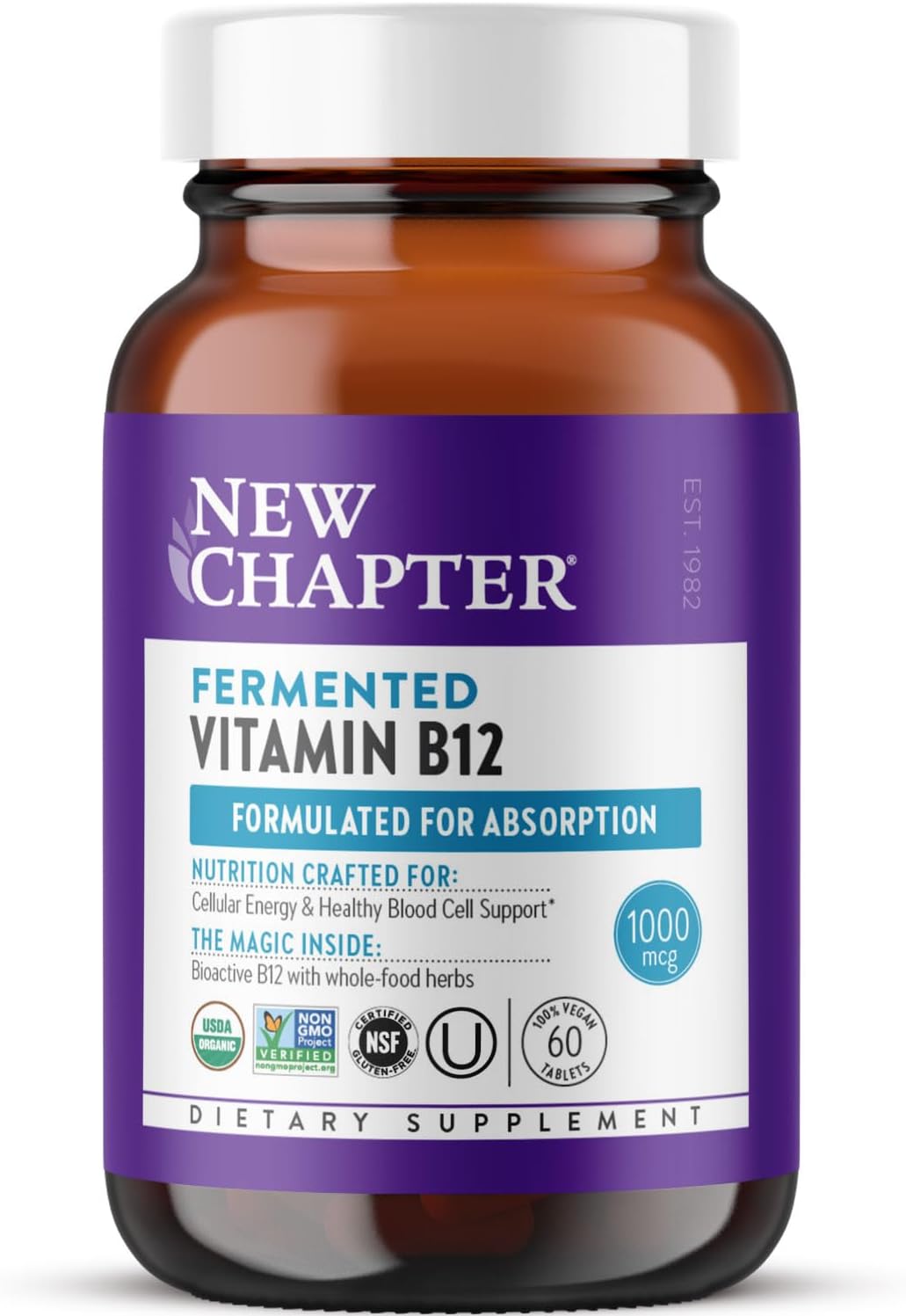 New Chapter Fermented Vitamin B12 1,000 mcg - USDA Organic, Vegan, Gluten-Free - 60 Tablets - görsel 1