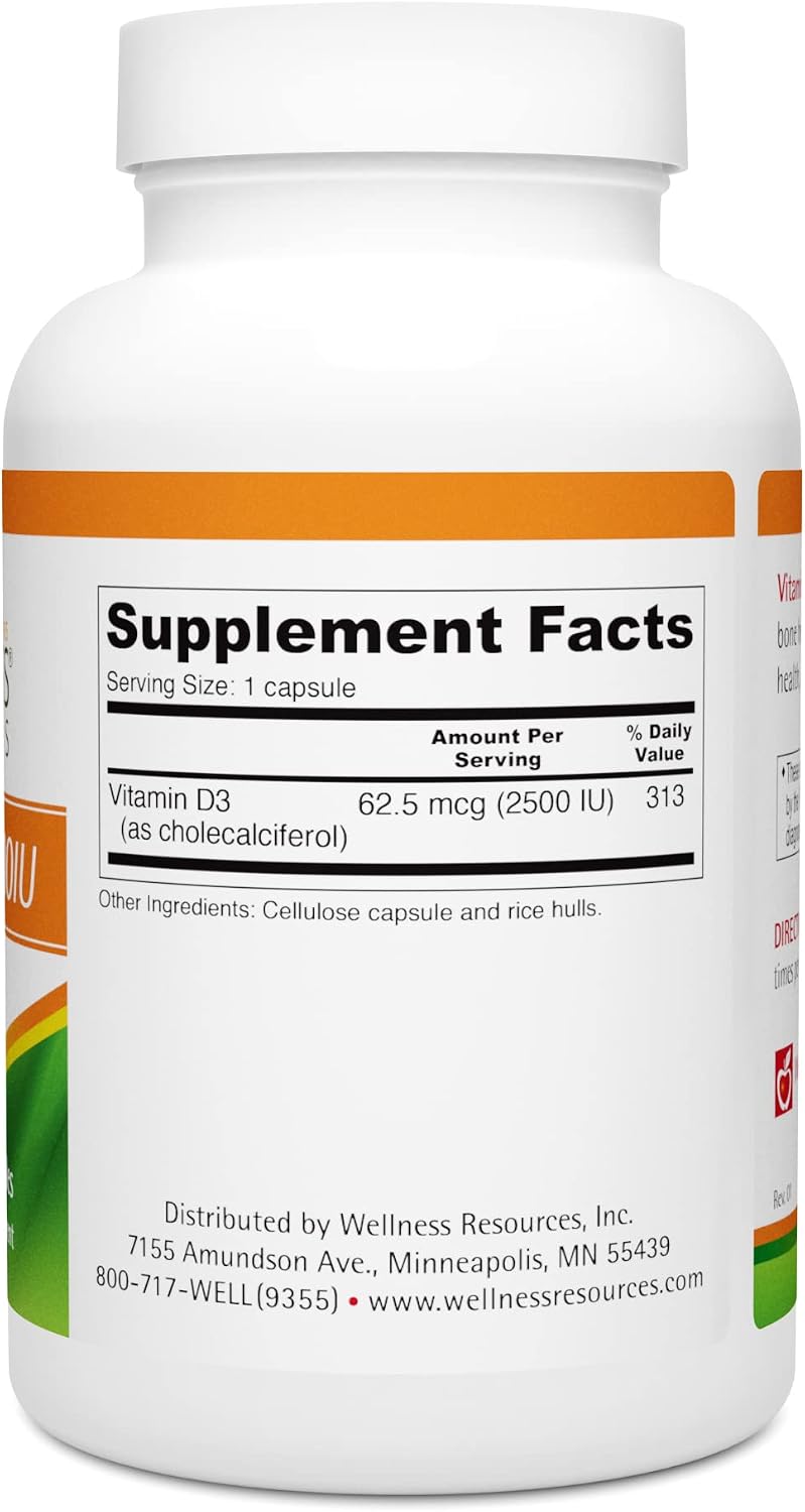 Wellness Resources Vitamin D - 2,500 IU Soya-Free Vitamin D3 (180 Veggie Capsules) - görsel 2