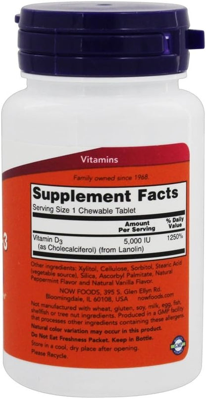 NOW Foods Vitamin D3 5000 IU Chewable, Mint, 120 Tablets