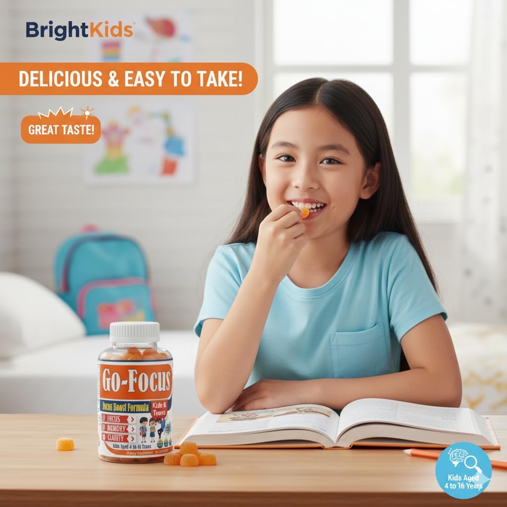 BrightKids Omega-3 & DHA Focus Gummies for Kids - Memory and Brain Health Supplement, Low Sugar, Natural Fruit Flavour, 60 Count - görsel 3
