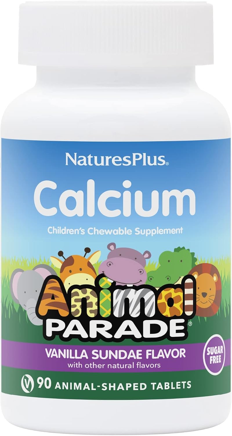 NaturesPlus Animal Parade Sugar-Free Children's Calcium, Vanilla Sundae Flavour - 90 Chewable Animal Shaped Tablets - Magnesium for Bone Health - Gluten-free - 45 Servings - görsel 1