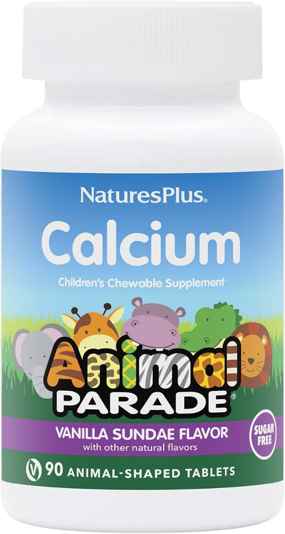 NaturesPlus Animal Parade Sugar-Free Children's Calcium, Vanilla Sundae Flavour - 90 Chewable Animal Shaped Tablets - Magnesium for Bone Health - Gluten-free - 45 Servings