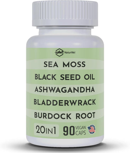 Black Seed Oil 3000mg Sea Moss 3000mg Ashwagandha 1000mg Turmeric 1000mg Burdock 1000mg Bladderwrack 1000mg with Elderberry, Manuka, Chlorophyll, Dandelion & Yellow Dock - 90 Vegan Capsules