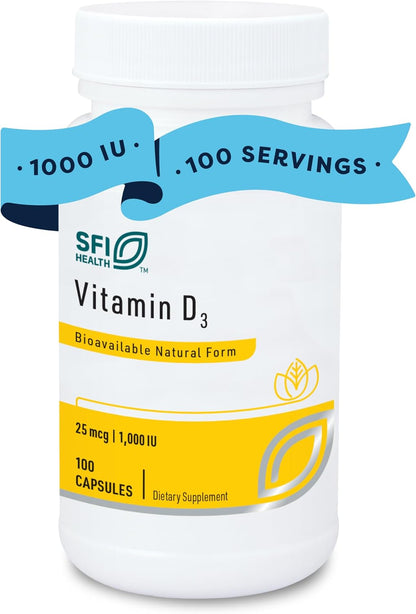 Klaire Labs SFI Health Vitamin D3 1000 IU – High Potency 25 mcg, Hypoallergenic Bone & Immune Support (100 Capsules)