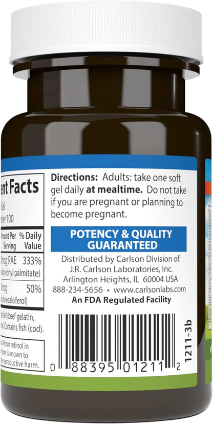 Carlson A & D: 10,000 IU Vitamin A & 400 IU Vitamin D3, for Vision, Skin and Bone Health, 100 Soft Gels