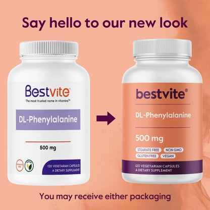 BESTVITE DL-Phenylalanine 500 mg - 120 Vegetarian Capsules - Vegan, Gluten-Free, Non-GMO