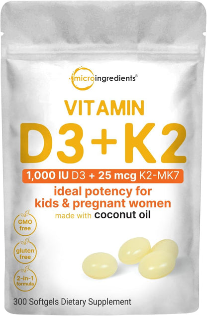 Micro Ingredients Vitamin D3 1,000 IU + K2 MK-7 25 mcg, 300 Softgels with Virgin Coconut Oil