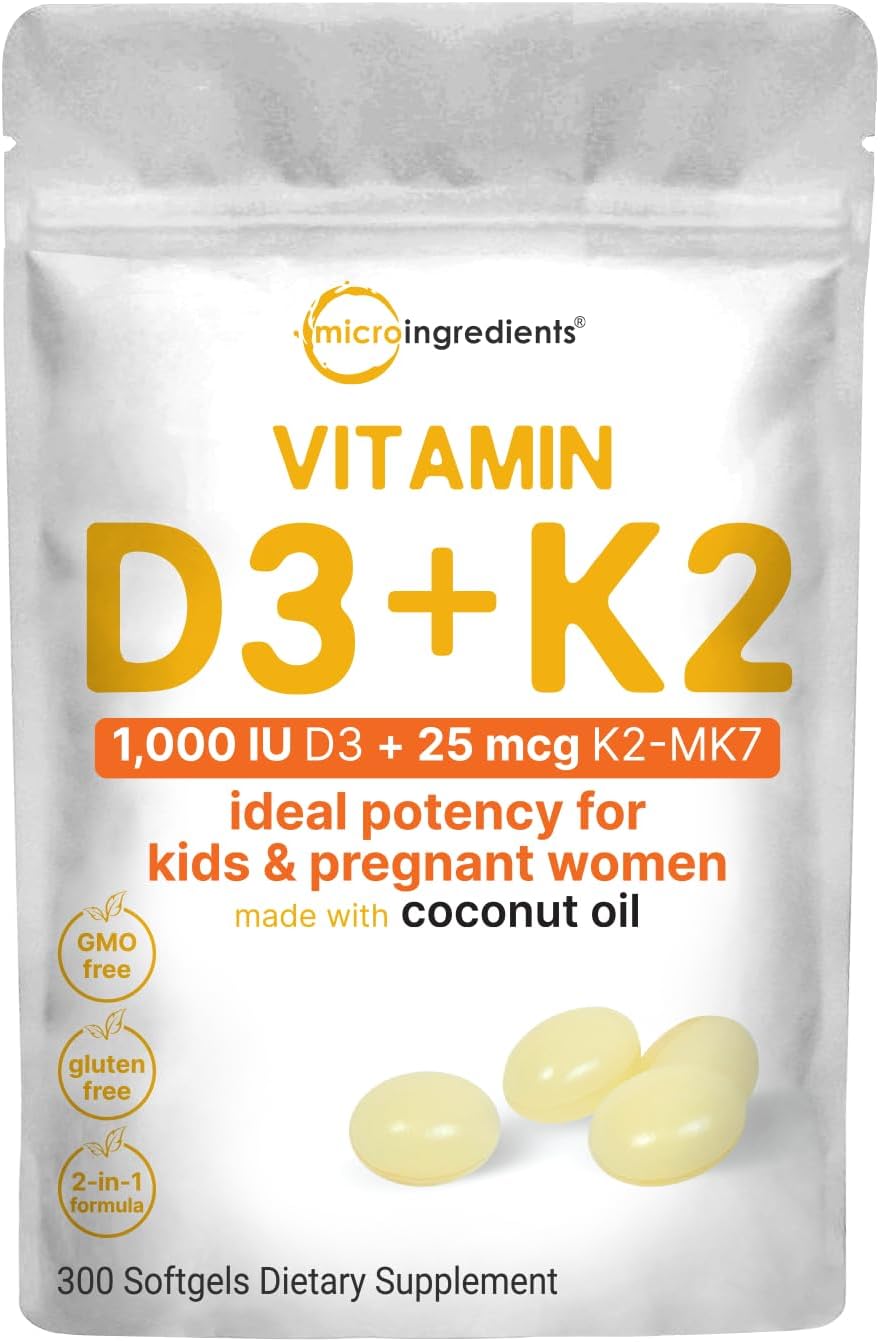 Micro Ingredients Vitamin D3 1,000 IU + K2 MK-7 25 mcg, 300 Soft gel capsules | Virgin Coconut Oil | Bone, Immune & Heart Support - görsel 1