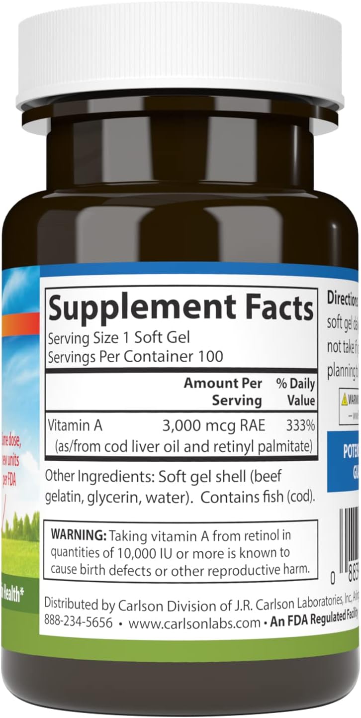 Carlson Vitamin A 10000 IU (3000 mcg RAE) - Vision & Skin Health Supplement - görsel 2