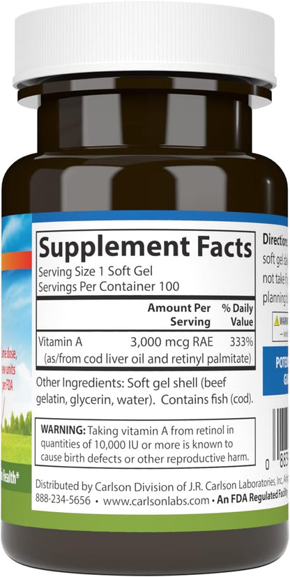 Carlson Vitamin A 10000 IU (3000 mcg RAE) - Vision & Skin Health Supplement