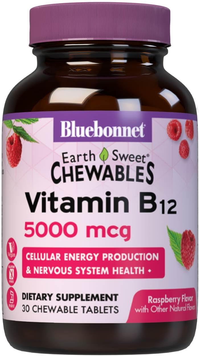 Bluebonnet Nutrition Earth Sweet Vitamin B12 5000 mcg Chewable Tablets – Raspberry Flavour, 30 Tablets - görsel 1