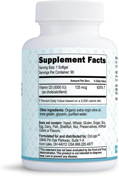Dr. Dzugan's Advanced Vitamin D3 Formula :: Non-GMO, Gluten-free, GMP Certified :: 90 Softgels 5,000IU :: Immune Function, Bone Health