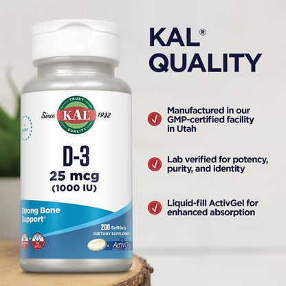 KAL Vitamin D3 1000 IU Softgels (200 Softgels)