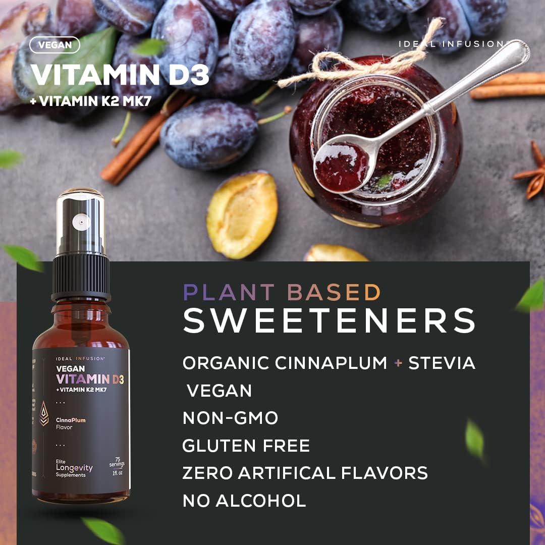 Ideal Infusion Vegan Vitamin D3 5000 IU with K2 (MK-7) Liquid Spray - Organic Plum Cinnamon (75 Servings) - görsel 4
