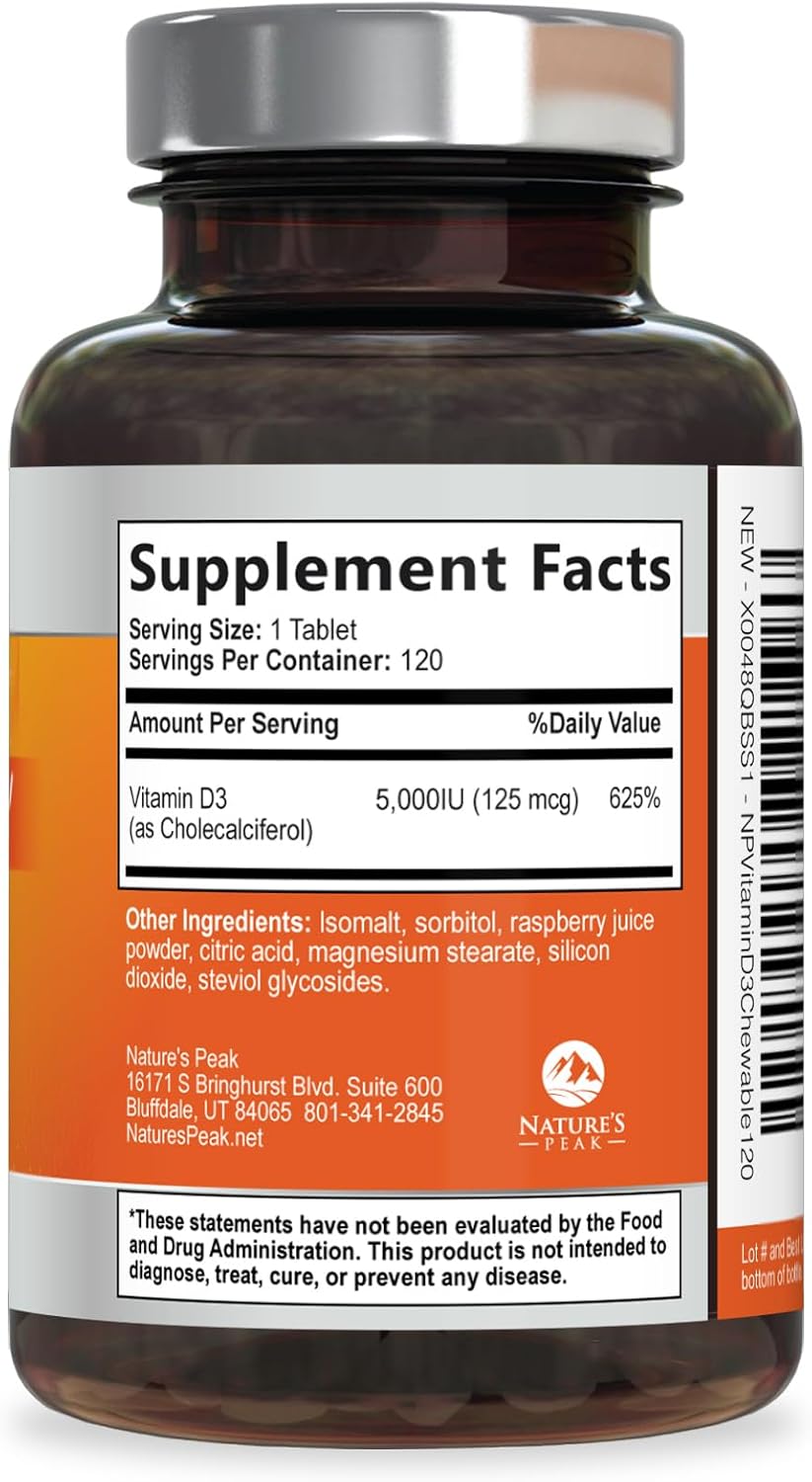 Nature's Peak Vitamin D3 5000 IU (125 mcg) Chewable Tablets – Raspberry Flavour, 120 Tablets - görsel 9