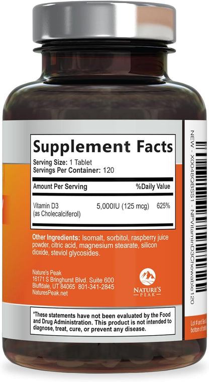 Nature's Peak Vitamin D3 5000 IU (125 mcg) Chewable Tablets – Raspberry Flavour, 120 Tablets