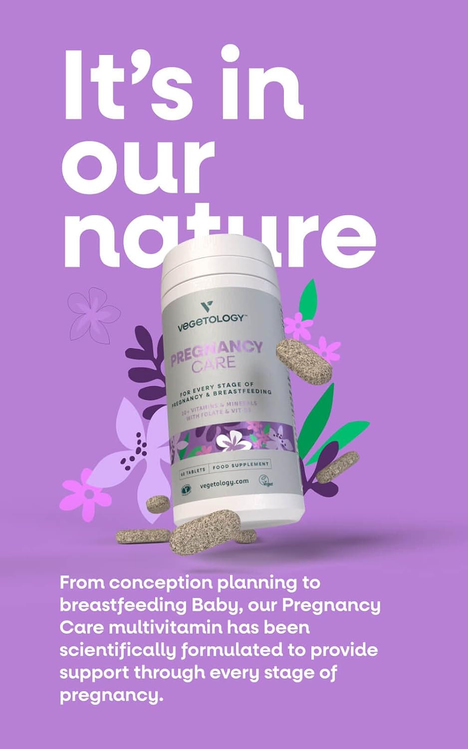 VEGETOLOGY Pregnancy Vitamins for Women – Prenatal Vitamin & Postnatal Vitamins for Breastfeeding Mum with 20+ Vitamins, Folate & More – Vegan Prenatal Vitamins for Every Stage of Pregnancy (60 Tablets) - görsel 2