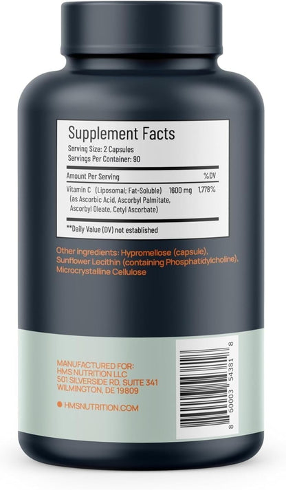 HMS Nutrition Liposomal Vitamin C 1600 mg – Enhanced Absorption, NSF-Certified, Non-GMO – 180 Capsules (90-Day Supply)