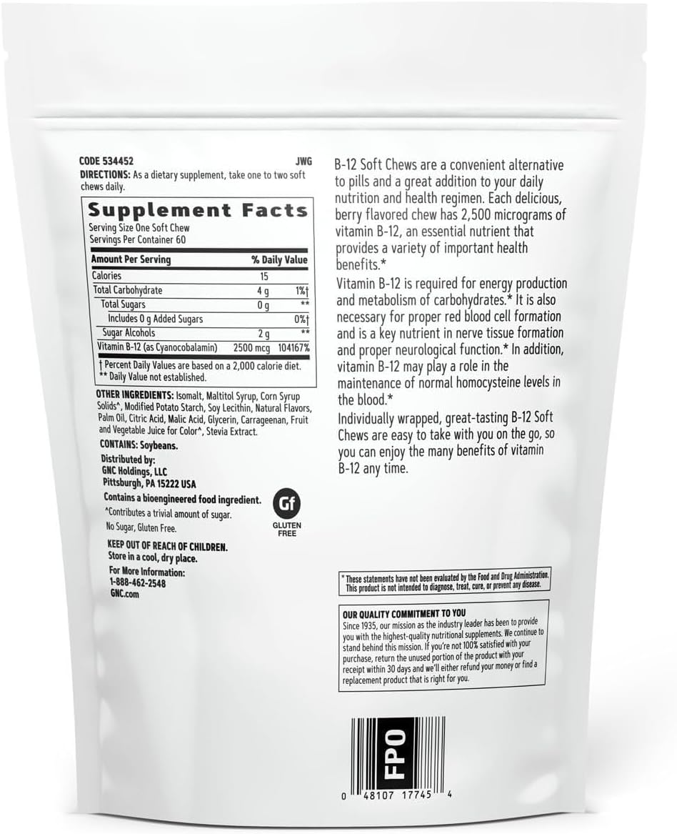 GNC Vitamin B12 2500mcg Supplement, Essential for Carbohydrate Metabolism and Energy Production, 60 Chewable Tablets - görsel 2