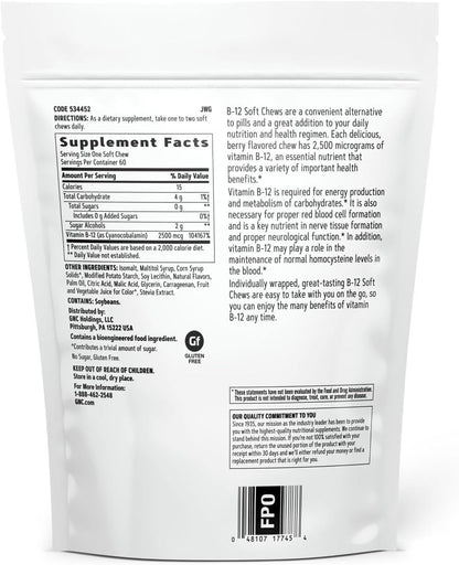 GNC Vitamin B12 2500mcg Supplement, Essential for Carbohydrate Metabolism and Energy Production, 60 Chewable Tablets