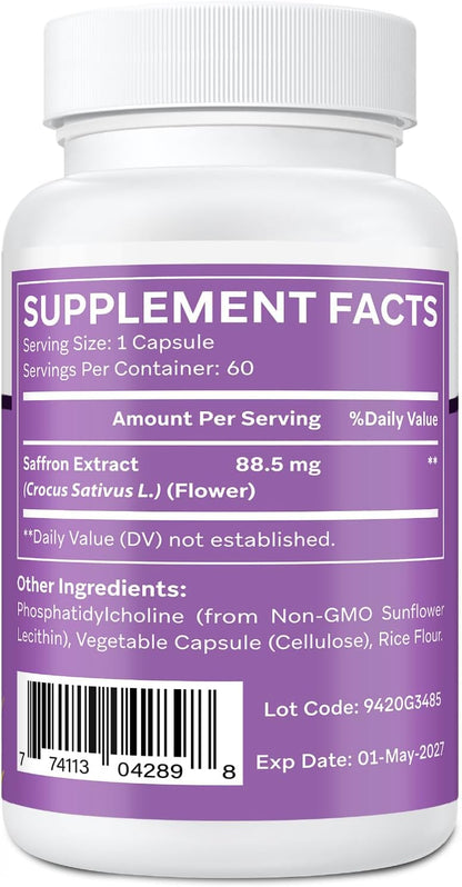 Liposomal Saffron Supplements 88.5 mg, Maximum Absorption, 100% Pure Saffron Extract Capsules for Mood, Energy, Vision and Focus - 60 Vegan Capsules