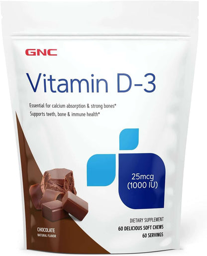 GNC Vitamin D-3 Soft Chews 1000 IU - Provides 125% Daily Value of Vitamin D - Chocolate (60 Soft Chews)